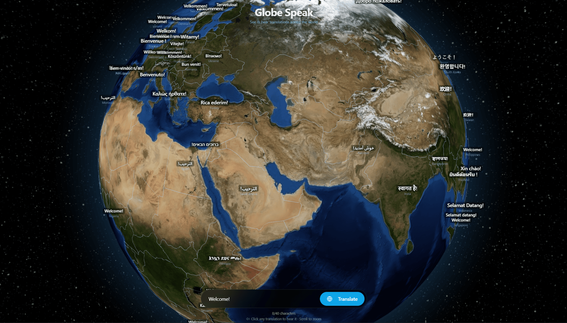 Globe Speak interactive 3D globe translation interface